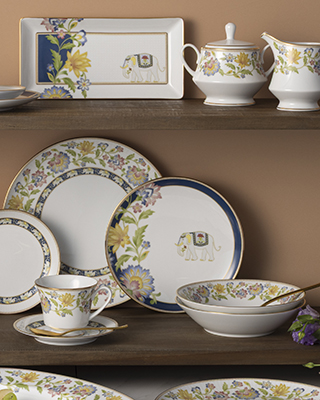 Tusker Garden White Porcelain Dinnerware with Gold Banding